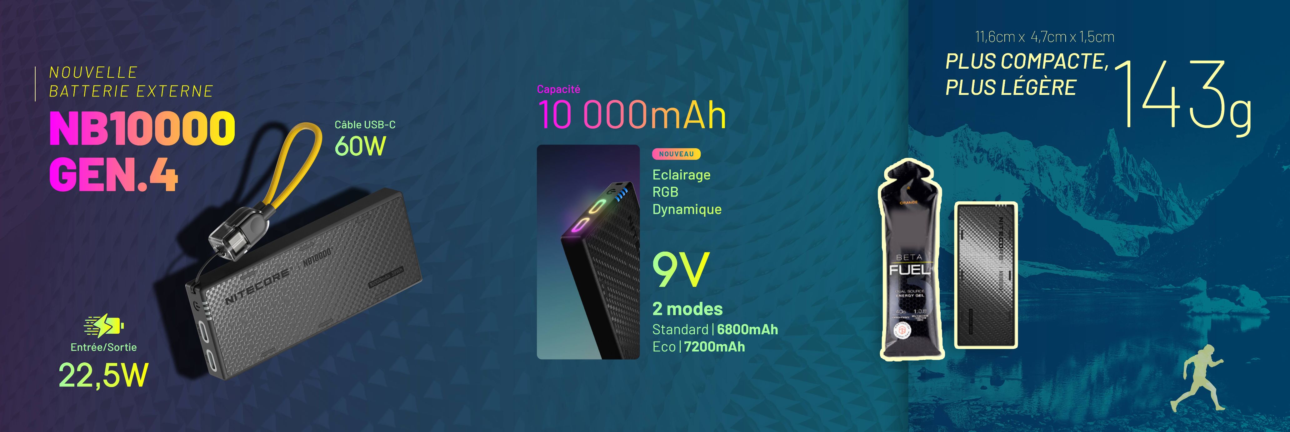Nouvelle batterie externe NB10000G4 10000mAh, 143g, 9V et 2 ports usb-c à 22,5W