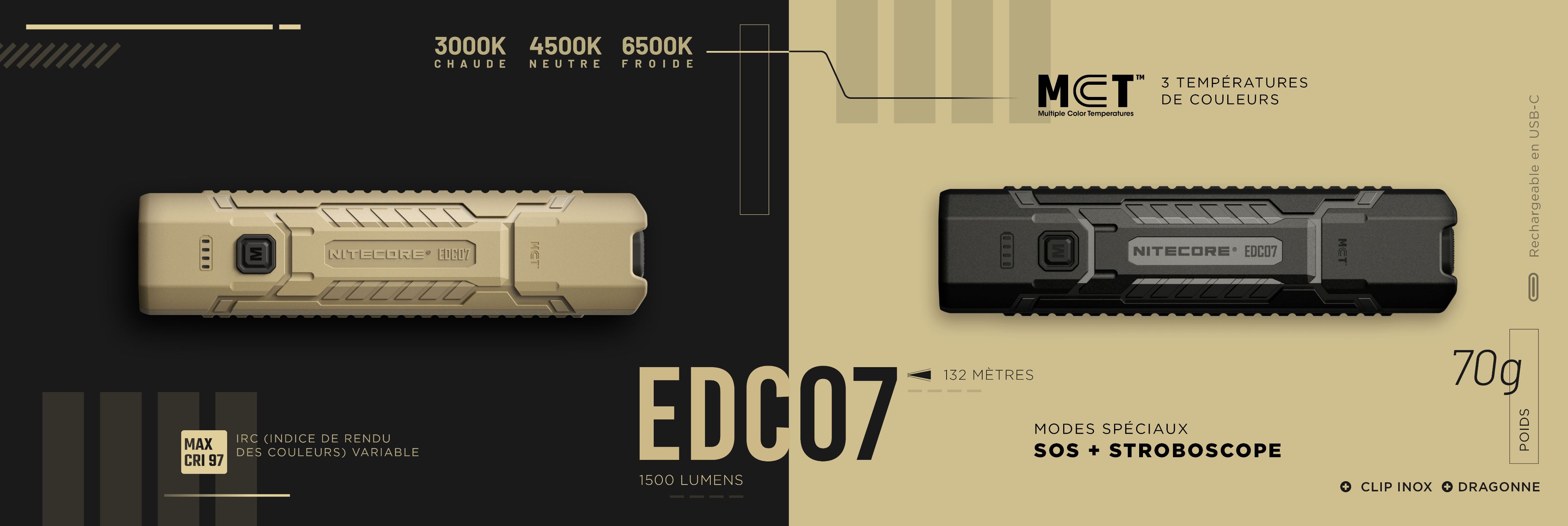 Nouvelle lampe torche EDC07 coloris Tan ou Noire, 1500 lumens, et 132m de portée